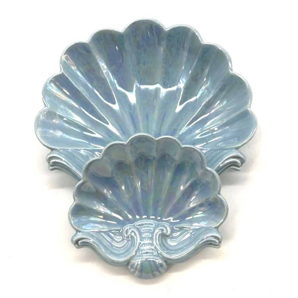 Vintage MCM Iridescent Blue Ceramic Double Shell Tiered Candy Dish Tray Beach